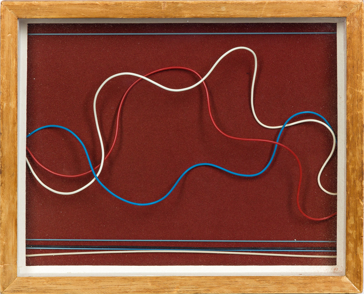 PAULE VÉZELAY (1892-1984) Lines in Space No. 24 (Red, White and Blue Plastic Curved Lines Against Red Background).